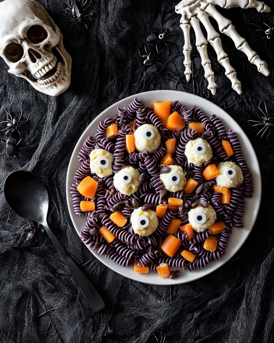 A black plate filled with dark purple spiral pasta forms the base layer. Scattered on top are small white mozzarella balls with green pesto spots, orange bell pepper pieces, and small light brown mushroom slices with two dark dots resembling eyes. The scene includes Halloween decorations with a large skull on the left, plastic black spiders on the black netting underneath, and a white skeleton hand on the right side. A black metal spoon lies in the bottom left corner, all on a white marbled surface. Photo taken with an iphone --ar 4:5 --v 7