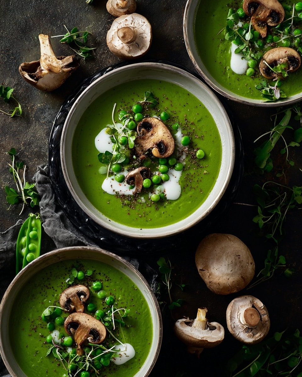 The image shows two black bowls filled with green soup placed on a dark surface, surrounded by scattered mushrooms and fresh greens. The soup has a smooth texture and is topped with two cooked mushrooms in each bowl, some leafy microgreens, small green peas, and a small dollop of white cream in the center. There are few red chili flakes sprinkled on top, adding color contrast. The background is softly blurred, keeping the focus on the bowls. photo taken with an iphone --ar 4:5 --v 7