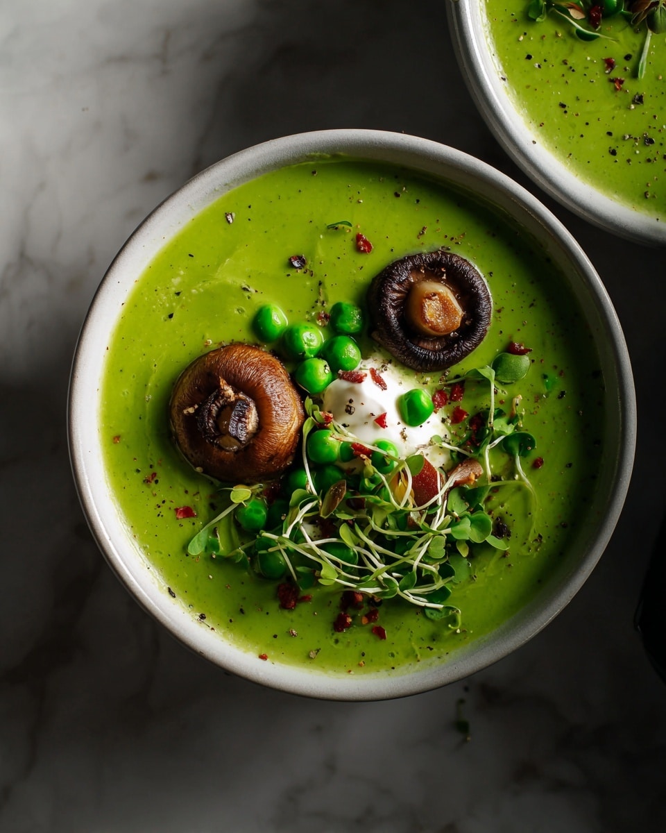 A white bowl filled with smooth green soup forms the base layer, topped with a swirl of white cream placed slightly off-center. On top of the cream, there are two cooked mushrooms, one darker brown and one light brown, positioned near each other. Scattered around the mushrooms and cream are fresh green peas, small green leaves, and thin green and red sprouts, adding texture and color. Tiny red flakes are sprinkled over the soup, and a few drops of black pepper are visible, spreading across the surface. The bowl is set on a white marbled surface. Photo taken with an iphone --ar 4:5 --v 7