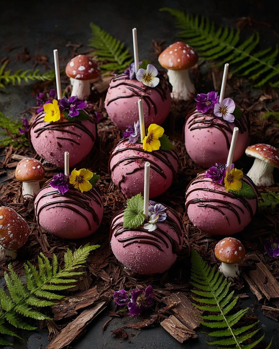 The image shows eight round dessert pops on white sticks, each with three layers. The bottom layer is a light brown crumbly base, topped with a smooth white cream middle layer. Some pops have a thick, dark red sauce dripping down from the top cream layer. The top layer on some pops is covered with small dark purple crunchy bits. All pops are decorated with small fresh blackberries and tiny colorful flowers in purple, white, and yellow on top. The pops are placed on a dark surface with scattered small purple petals, all against a dark green blurred background. photo taken with an iphone --ar 4:5 --v 7