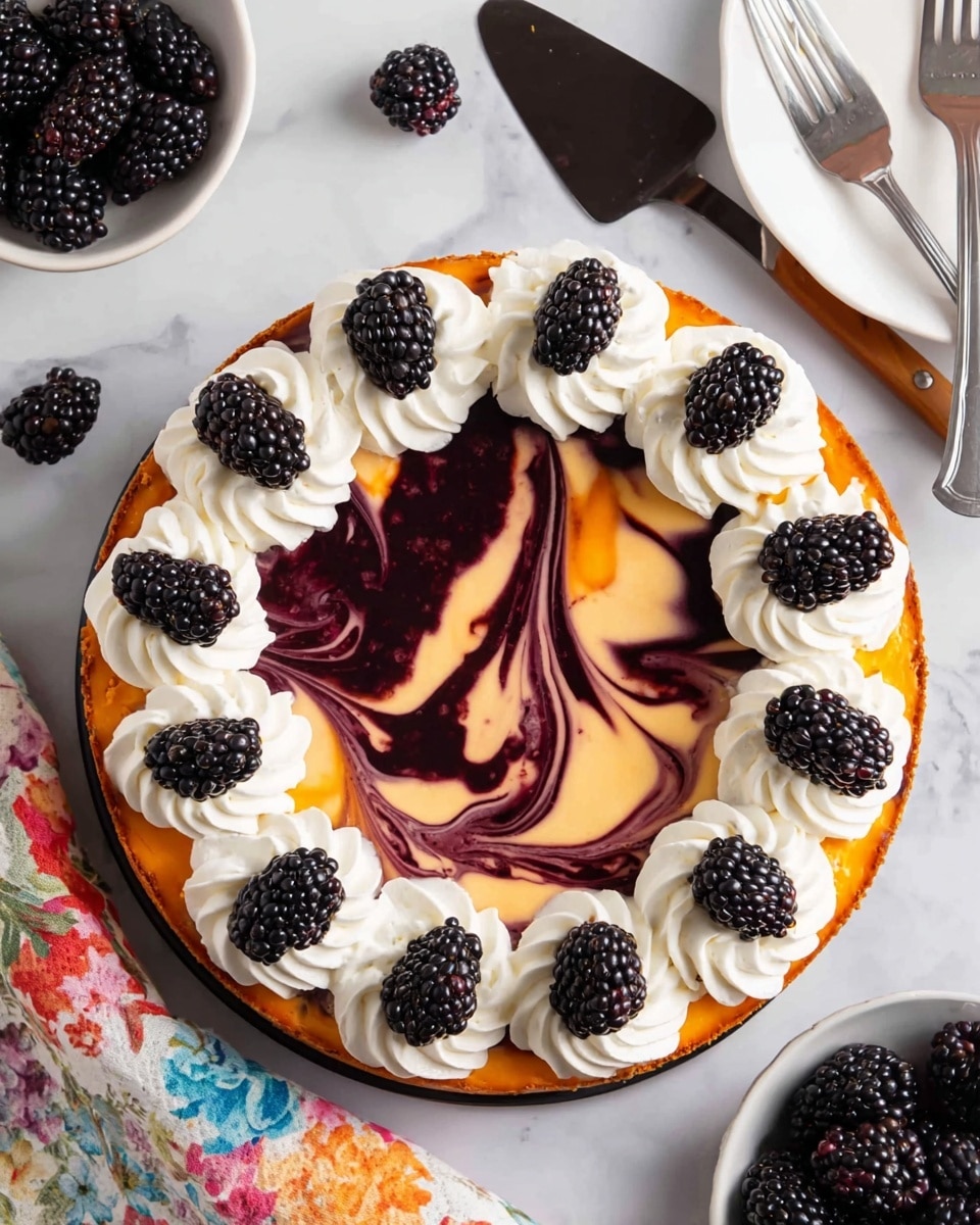 A round cheesecake with a marbled top layer of orange and dark purple swirls sits in the center on a white marbled surface; the edge is decorated with white dollops of cream, each topped with a shiny black blackberry. To the top left are two stacked white plates with two forks on them, while to the top right is a small white bowl filled with blackberries. Scattered blackberries lie near the cake on the right side. A dark floral napkin with red and white flowers is on the bottom left, and a cake server with a dark handle is placed to the right of the cake. Photo taken with an iphone --ar 4:5 --v 7
