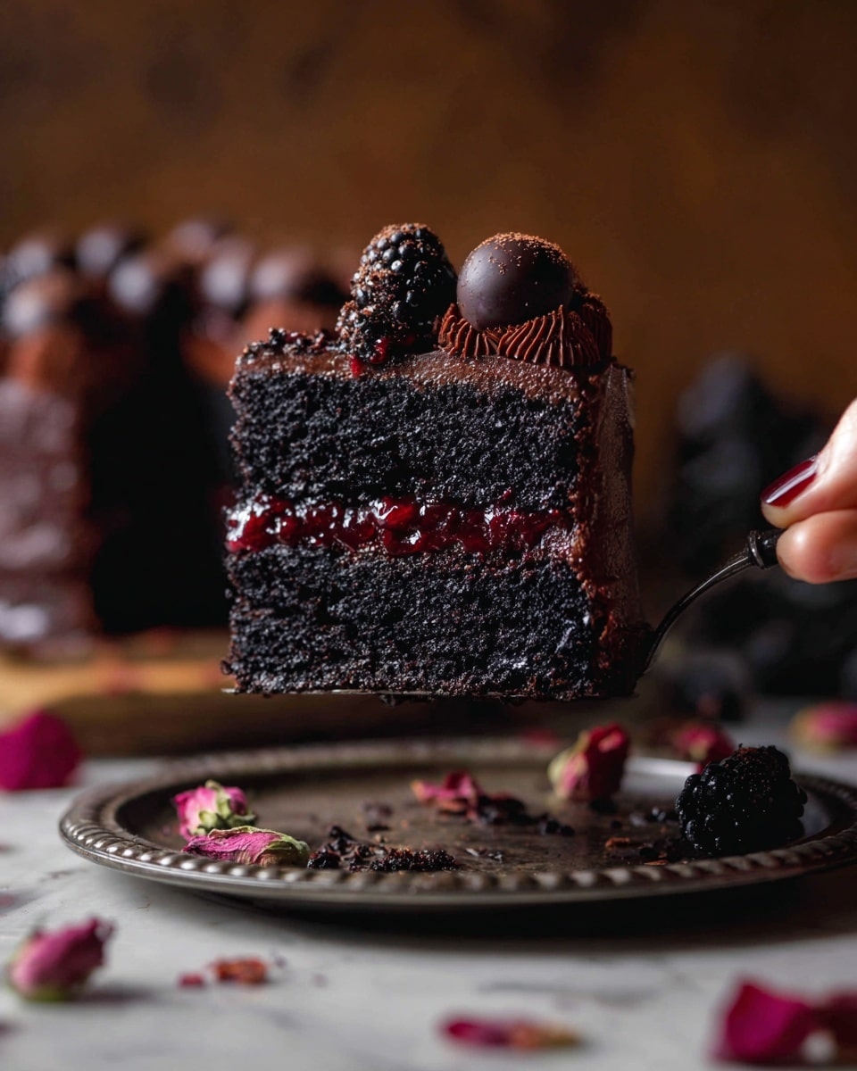 The image shows a dark black cake with two thick layers separated by a thin bright red layer of jam or jelly. On top, there are several small dark chocolate skulls and fresh blackberries arranged closely together. The surface the cake sits on is a round plate with a textured gray color. The background is blurred with warm brown tones, and some blackberries and red petals are scattered around the base of the plate on a wooden table. Photo taken with an iphone --ar 4:5 --v 7