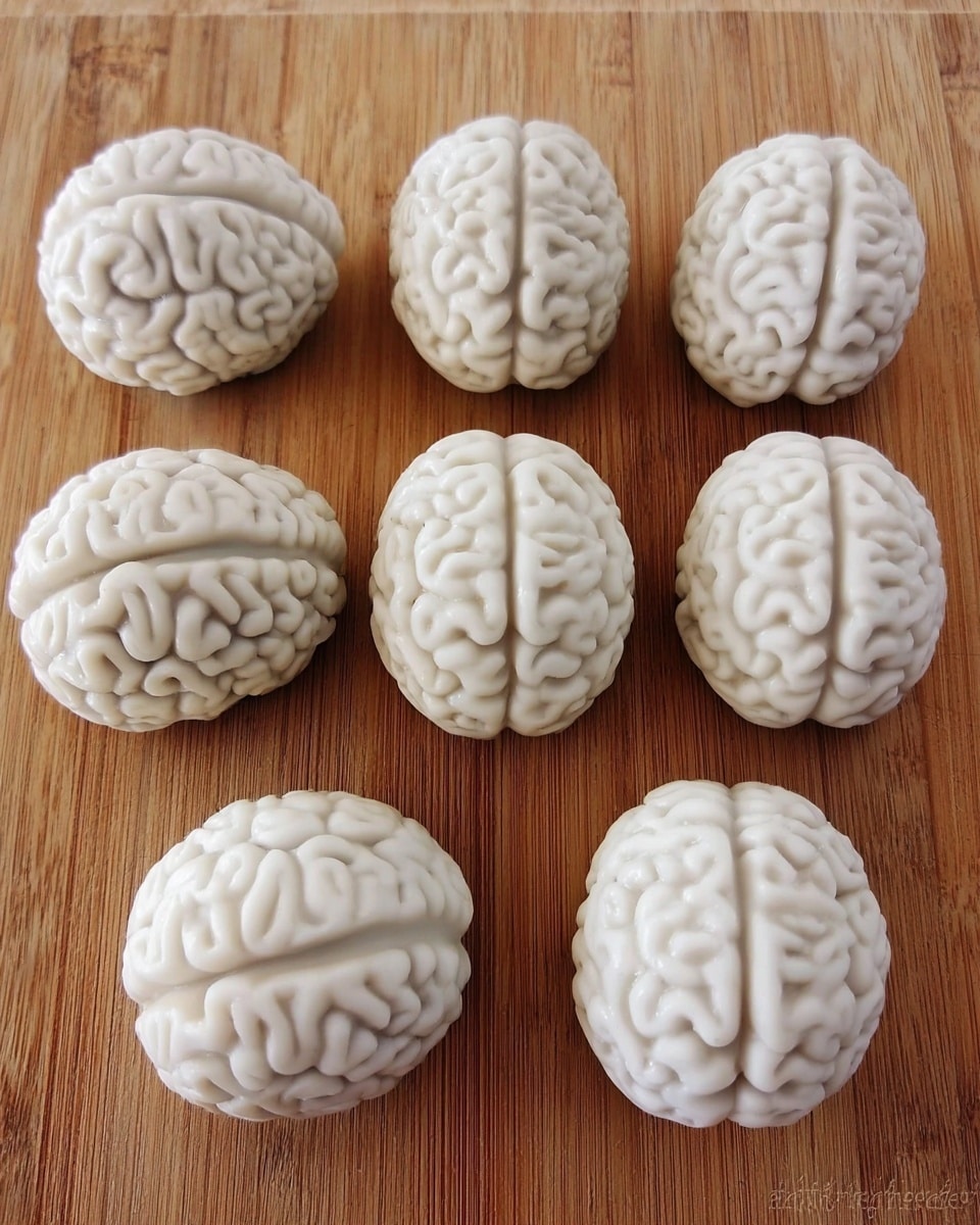 The image shows several small white desserts shaped like brains with detailed ridges and wrinkles on their surface, placed on a bright green textured cloth. One brain-shaped dessert is on a white square plate, split in the middle to reveal a dark purple filling inside, with a bright red sauce oozing out onto the plate. The background features a clean white marbled texture. photo taken with an iphone --ar 4:5 --v 7