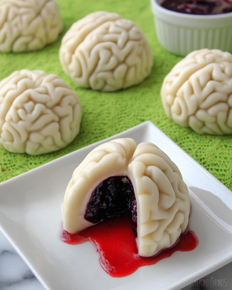 The image shows nine brain-shaped white desserts placed on a wooden board. Each dessert has a smooth, shiny texture with detailed ridges and curves mimicking the look of a human brain. The white color is consistent throughout, and the surface details give a soft, creamy feel. The brains are arranged in a scattered manner, with some slightly closer together and others spaced apart, all sitting on the warm tone wooden board. photo taken with an iphone --ar 4:5 --v 7