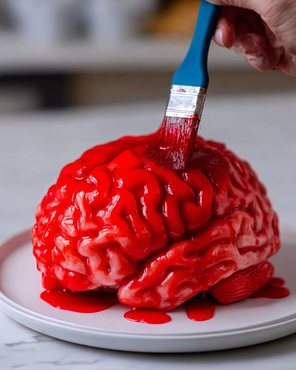The image shows a cake shaped like a brain sitting on a round white cake board, which is placed on a white cake stand with a wide base. The cake is covered in glossy, bright red icing that is textured to look like the folds and curves of a real brain. The icing has a shiny, wet look with some small drops around the cake, adding a realistic and slightly messy effect. The background is a kitchen with light wood cabinets and a white marbled surface below the cake stand. Photo taken with an iphone --ar 4:5 --v 7