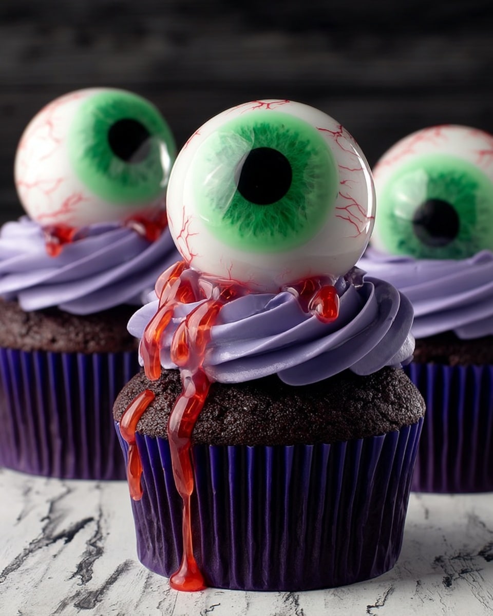 The image shows dark chocolate cupcakes in purple wrappers, each topped with thick, swirled purple frosting. On top of the frosting sits a large, glossy eyeball decoration with a green iris and red veins around the white sclera. From one cupcake, red and green syrup drips down the side, contrasting with the dark cake. The scene is set against a white marbled surface, with the detail and sharp focus making the cupcakes look very realistic. Photo taken with an iphone --ar 4:5 --v 7