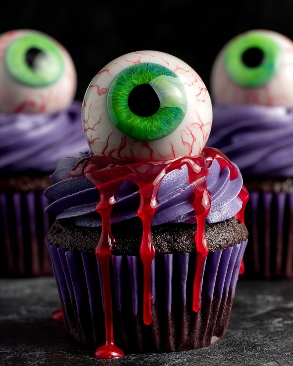 A dark chocolate cupcake with a purple paper wrapper is topped with thick, swirled purple frosting. On top of the frosting sits a large, detailed eyeball decoration with a green iris and red veins around it. Bright red and green glossy liquid spills down the side of the cupcake from beneath the frosting. The cupcake is set on a dark surface with a blurred background showing two more similar cupcakes behind it. photo taken with an iphone --ar 4:5 --v 7