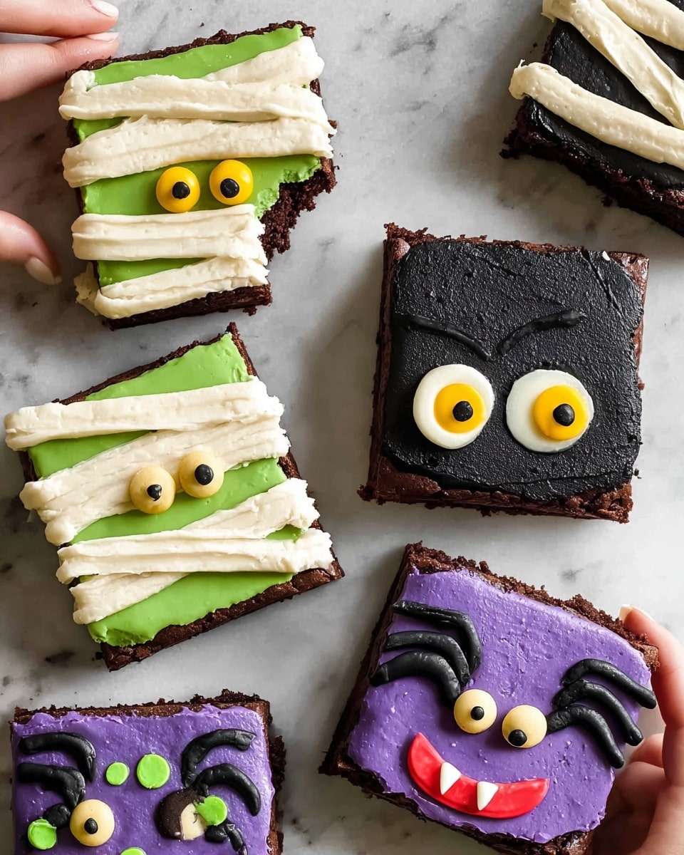 The image shows six square brownies decorated like Halloween characters on a white marbled surface. Each brownie has a dark brown base layer with smooth cream-colored or bright green frosting on top. Three brownies look like mummies with bright green frosting as the base and uneven cream-white strips across to imitate bandages; their eyes are large, round, and yellow with black centers peeking through the strips. The other three brownies have a black base frosting topped with cream-colored faces featuring big yellow and black eyes and small red fangs, with one having purple frosting and green dots on top resembling a spider or monster face with black icing legs. Two brownies have bite marks, and a woman’s hand is holding one mummy brownie from the corner. Photo taken with an iphone --ar 4:5 --v 7