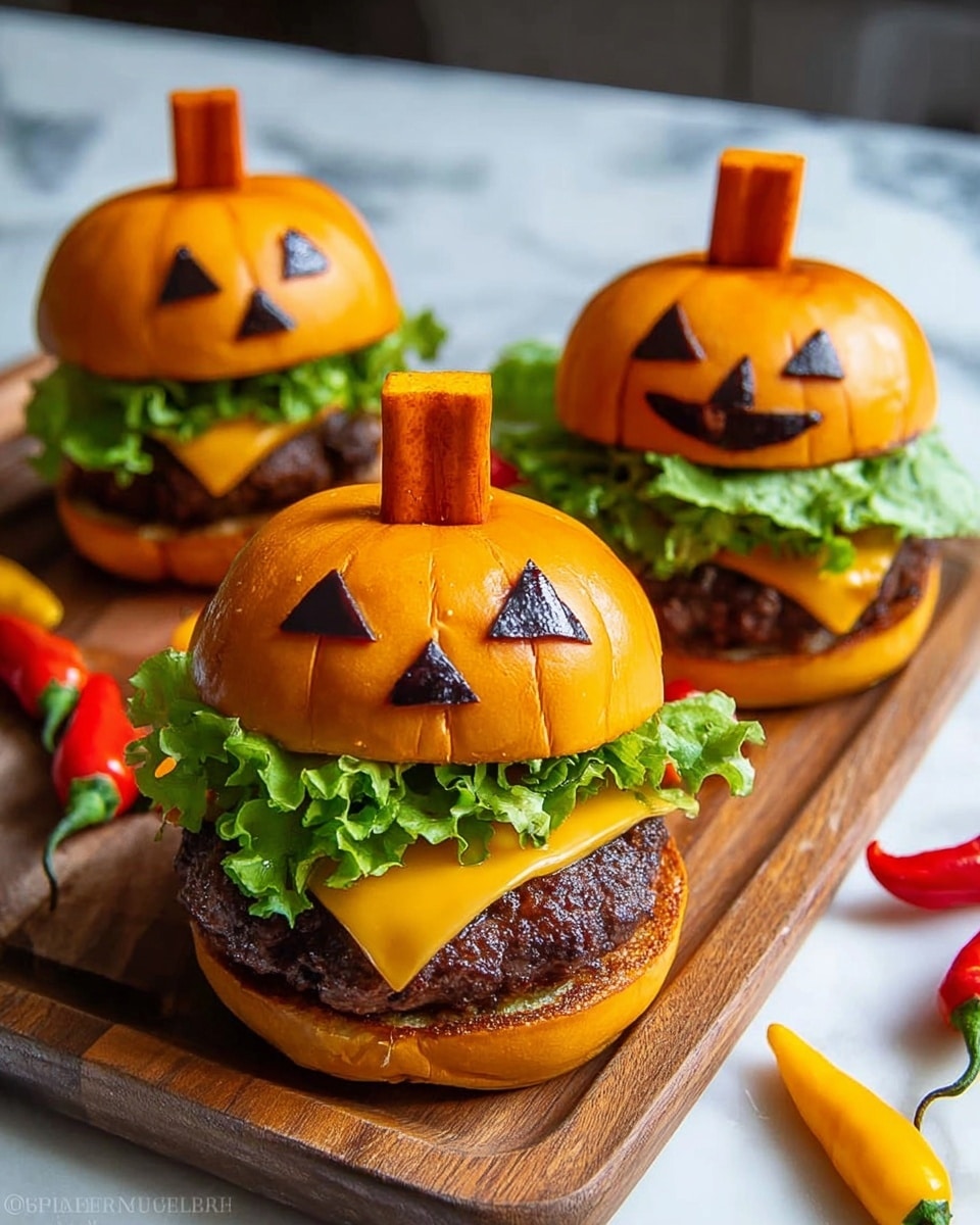 Three burgers are placed on a wooden board over a white marbled surface. Each burger has three layers: a shiny orange bun top with triangular dark eyes and a nose resembling a jack-o'-lantern face, a thick beef patty, melted bright orange cheese, green leafy lettuce, and a bottom bun. A small orange rectangular stick is placed vertically on top of each bun. Colorful small chili peppers are scattered around the board. Photo taken with an iphone --ar 4:5 --v 7