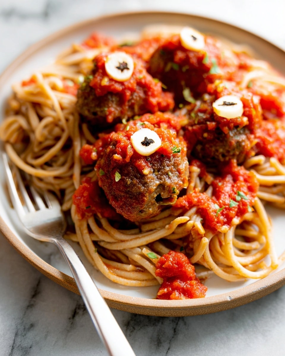 The dish shows a white plate with a serving of spaghetti noodles forming the bottom layer, light brown and slightly glossy with sauce. On top of the noodles, there are roughly three meatballs, each covered with a chunky red tomato sauce layer. Each meatball is topped with a thin round slice of garlic and a small dark spice in the center. The background is a white marbled texture, and a fork is partially visible at the edge of the plate. Photo taken with an iphone --ar 4:5 --v 7
