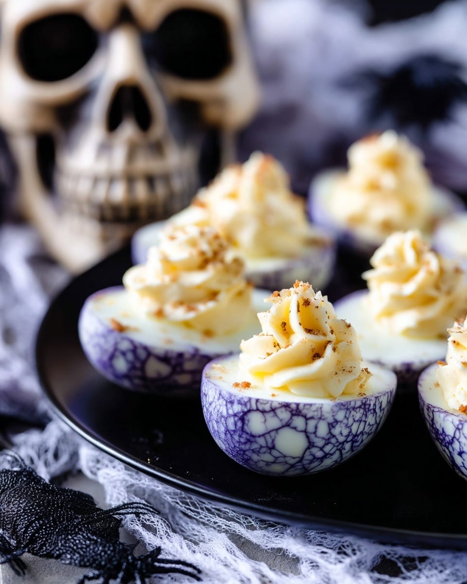 The image shows a close-up of deviled eggs served in blue and white marbled egg cups that look like cracked ice. Each egg is filled with a creamy, pale yellow mixture topped with crispy, golden brown bacon bits or toasted onions. The eggs sit on a textured gray cloth, and the background is blurred with dark and neutral tones, suggesting a rustic setting. The focus is on the front egg cup, with the others softly fading behind it, creating depth. photo taken with an iphone --ar 4:5 --v 7