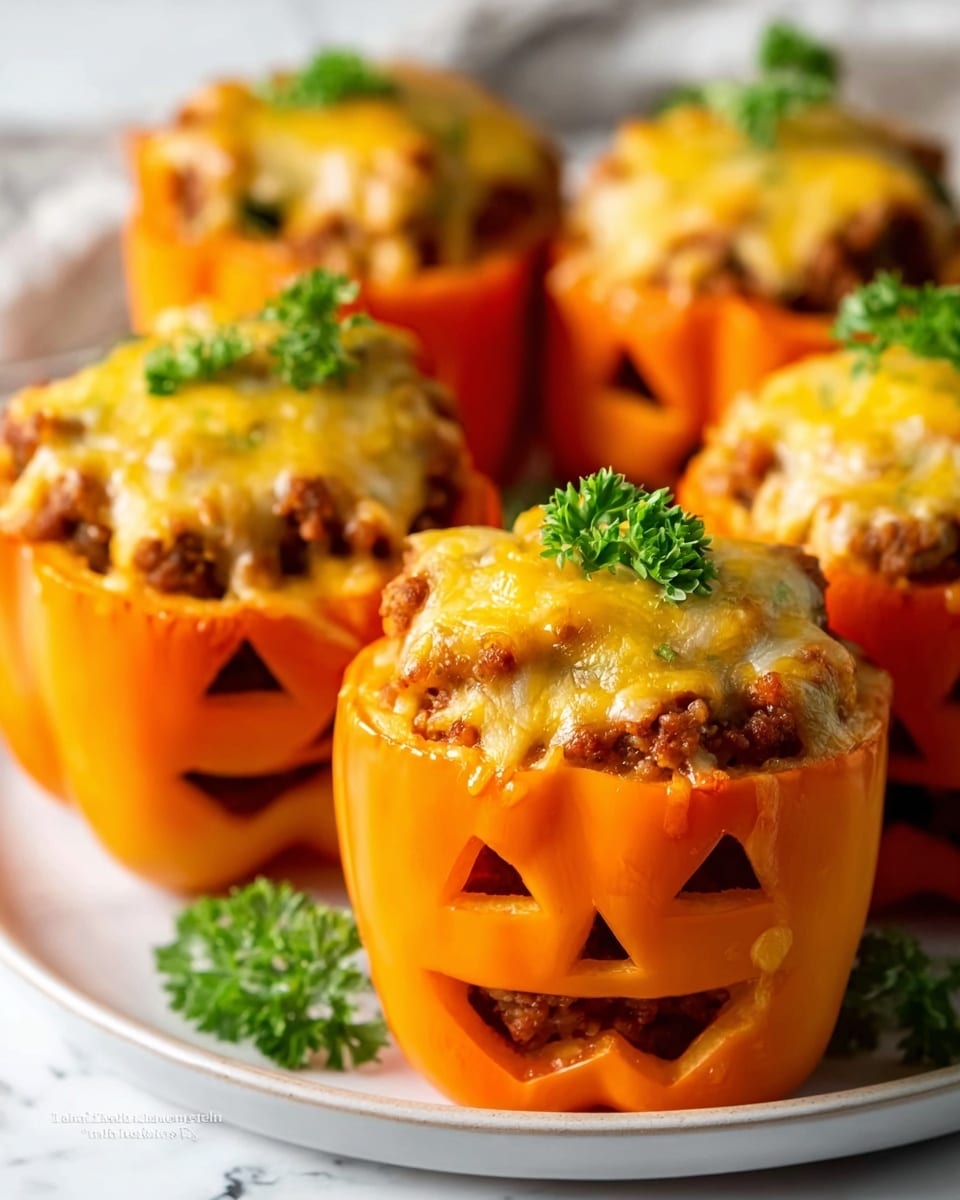 The dish shows several orange bell peppers carved like jack-o'-lanterns with triangular eyes and jagged mouths, each filled with a layer of cooked ground meat topped with melted golden-yellow cheese. The cheese has a slightly bubbly texture and some green herbs sprinkled on top, giving a fresh contrast. The tops of the peppers with green stems are visible, sitting on a white plate with parsley garnishes scattered around. The background is a white marbled surface, adding a clean and bright feel to the presentation. photo taken with an iphone --ar 4:5 --v 7