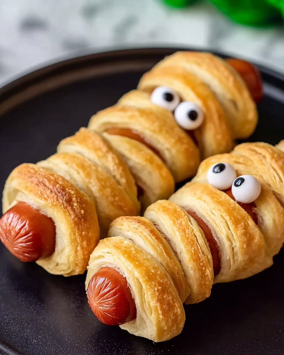 The image shows two small hot dogs wrapped in light brown golden-baked dough strips, making them look like tiny mummies. Each hot dog is wrapped with three dough strips crossing around the sausage longitudinally and one thicker dough ring at one end, creating a layered effect. On top of each hot dog, two small white candy eyes with black centers are placed close together near the thicker dough ring, giving a playful and cute look. The hot dogs rest on a round white plate with a smooth white marbled background partly visible. Photo taken with an iphone --ar 4:5 --v 7