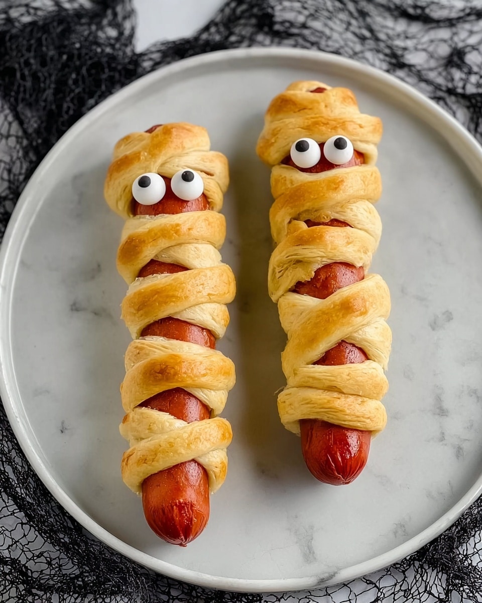 The image shows two hot dogs wrapped in light golden brown dough strips to look like mummies lying on a dark plate. Each hot dog has two small round white eyes with black centers placed near the top. The dough wraps are uneven and spiral down each hot dog, covering most of the red sausage but leaving parts visible. The plate sits on a white marbled surface with light gray textured cloth partially visible around the edges. The overall look is playful and perfect for a fun snack. photo taken with an iphone --ar 4:5 --v 7