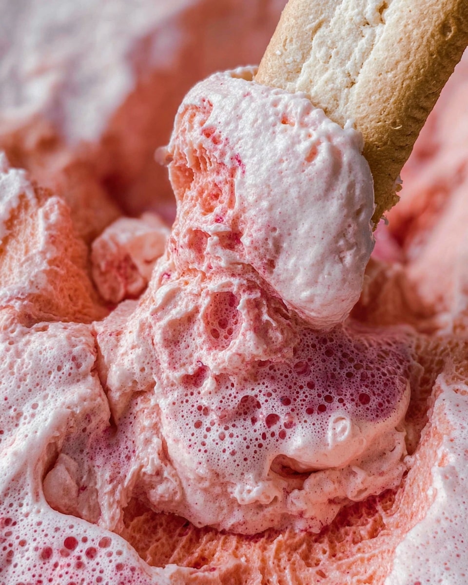 The image shows a close-up of a light pink and reddish dip with a foamy, airy texture. A white cracker is dipped into the two-layered spread, where the top layer is fluffy, light pink foam and the bottom layer is a denser, reddish creamy mixture. Around the dip, there are large, puffy, light pink snacks with a slightly shiny surface and an airy texture, piled closely together. The whole scene is set against a white marbled texture, and a woman's hand is holding the cracker. photo taken with an iphone --ar 4:5 --v 7
