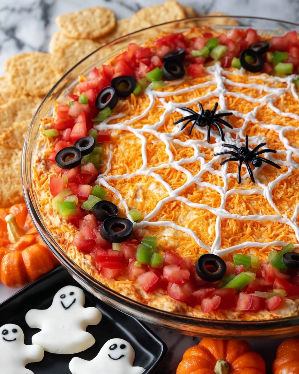 A round clear glass dish filled with a Halloween-themed layered dip. The bottom layer is hidden but topped with a thick even layer of bright orange shredded cheese covering the entire surface. On top, there are white sour cream lines piped in a spider web shape with straight radial lines connected by curved lines. The edge of the dish is decorated with a circle of black sliced olives, chopped green peppers, and small diced red tomatoes. Three small black plastic spider decorations sit on the dip, one near the top left, one on the right, and one in the center. The dish rests on a white marbled surface with small bowls of additional chopped green peppers and diced red tomatoes nearby. Woman’s hand is not visible here. Photo taken with an iphone --ar 4:5 --v 7