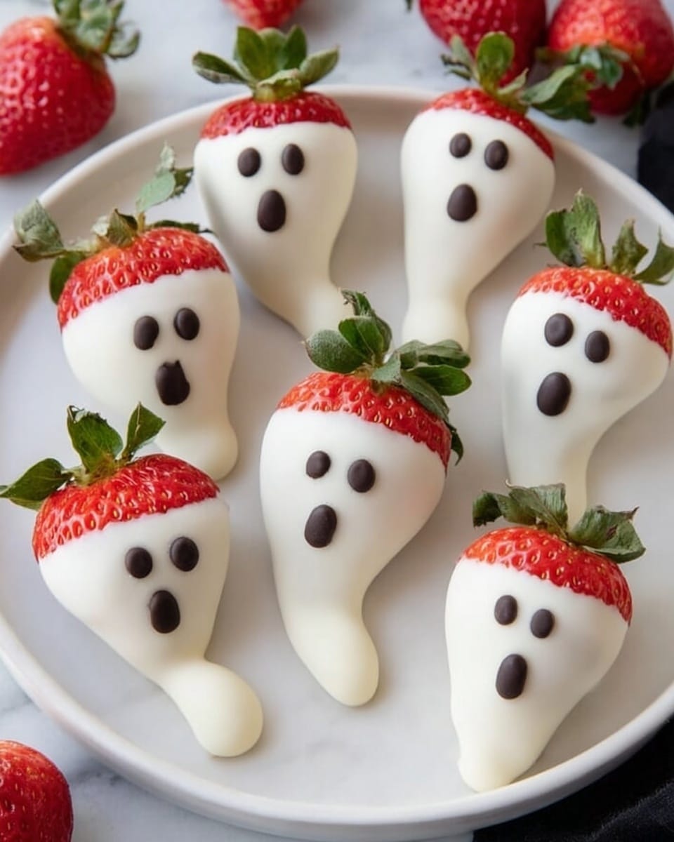 The image shows five strawberries dipped in white coating, shaped like little ghosts with rounded tops and trailing, tail-like bottoms. Each strawberry has green leafy tops at the top, with three small dark dots on the front to make eyes and a surprised mouth, creating a ghost face. The strawberries sit on a white plate with a smooth black surface, while other whole strawberries with bright red color and green tops are placed around the plate. The background is a white marbled texture. Photo taken with an iphone --ar 4:5 --v 7