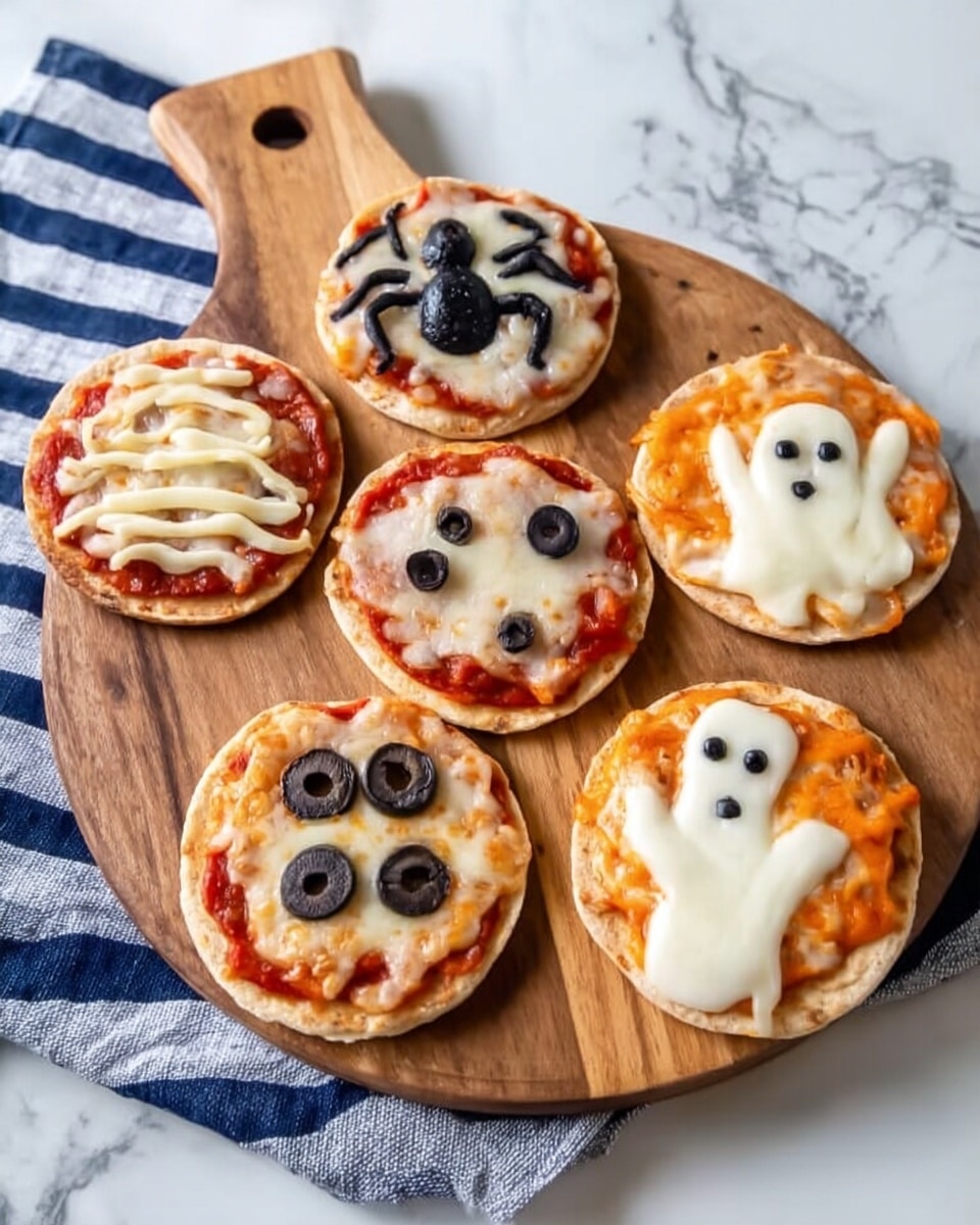 There are six small round pizzas on a wooden serving board and a white plate, all placed on a white marbled surface with a blue and white striped cloth underneath. Each pizza has a base layer of light brown crust with a layer of red tomato sauce. On top, there are different shapes made with melted white cheese; one pizza has cheese shaped like a ghost with two black olive eyes, another has a spider shape made of black olives and melted cheese, one has cheese in the shape of a smiling ghost, and others have cheese spread with black olive pieces creating simple faces or shapes. The cheese is smooth and slightly melted while the black olives are shiny and round. The photo taken with an iphone --ar 4:5 --v 7