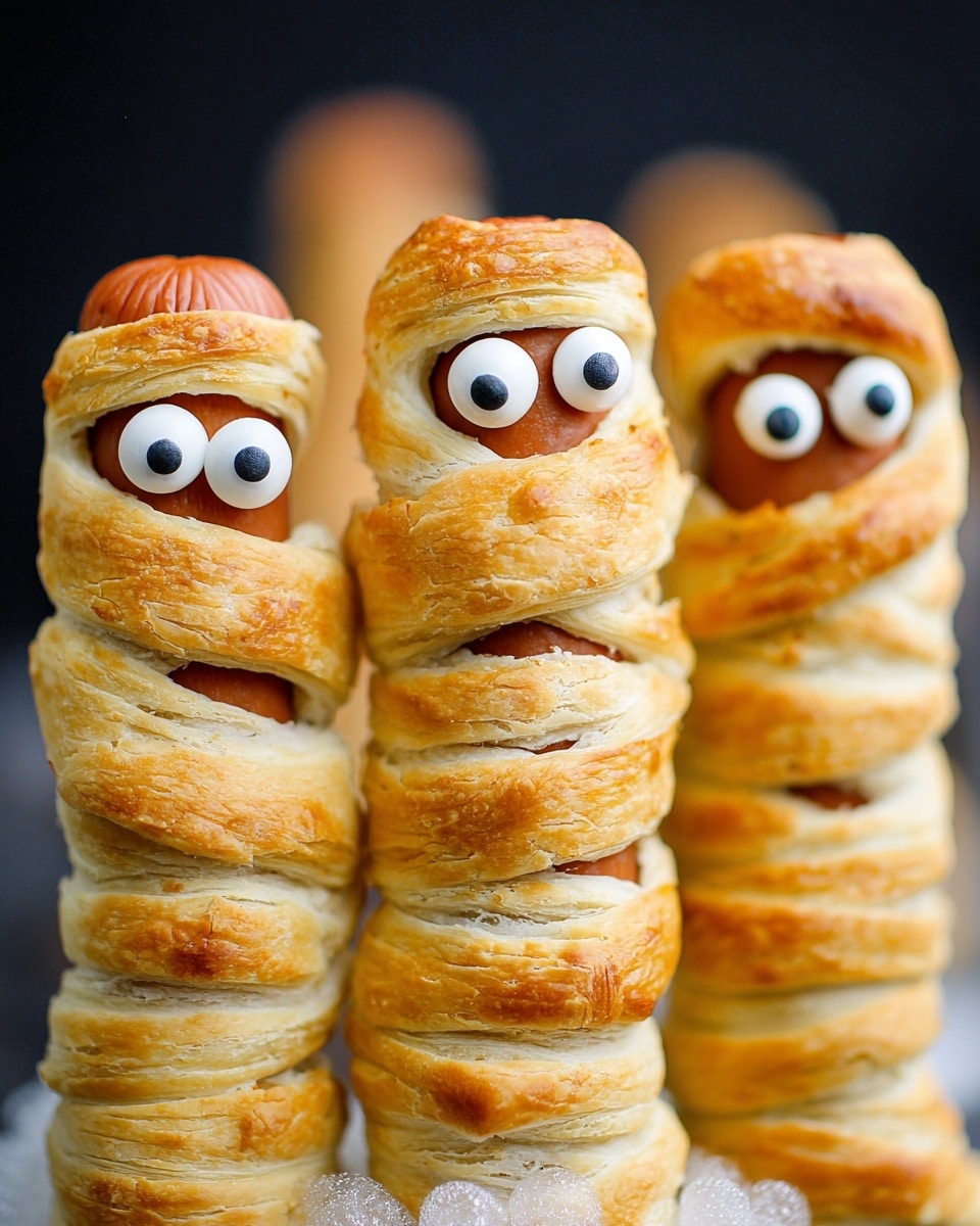 The image shows five small hot dogs wrapped with light brown baked dough strips to look like mummies on a white square plate. Each hot dog has two round white candy eyes with black pupils placed near the top, peeking out from the dough wrap. The plate is on a white marbled surface with a black spider web-like decoration underneath. Around the plate, there are small bowls with yellow mustard, red ketchup, and white candy eyes. Pieces of candy corn are scattered near the plate. In the upper part of the image, two more mummy hot dogs are on a white round plate. Photo taken with an iphone --ar 4:5 --v 7