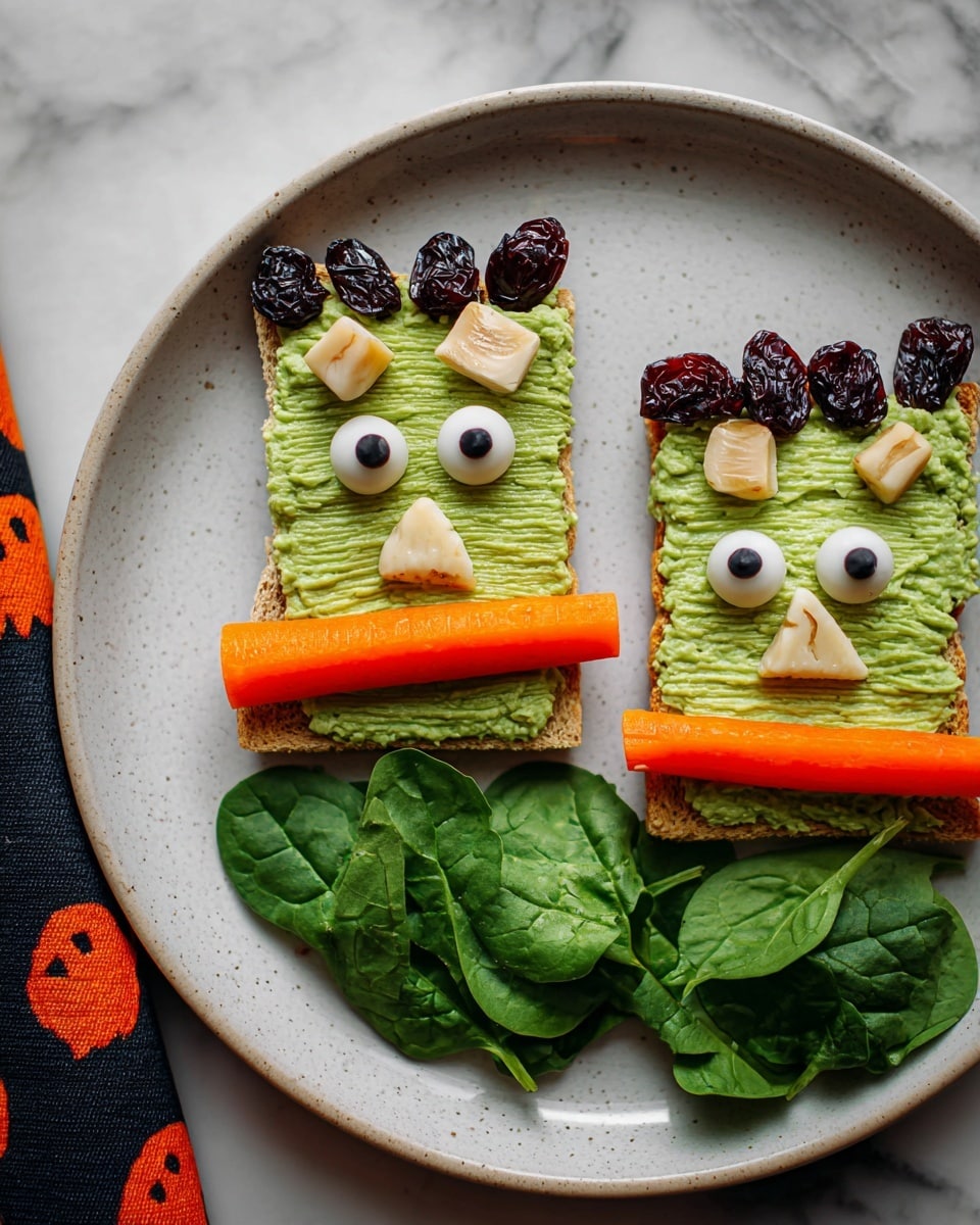 The dish shows two small, rectangular toast slices covered with a smooth, bright green avocado spread, textured with neat horizontal lines across each toast. At the top edge of each toast are dark raisins lined up like hair, and near the upper middle, there are chunks of pale nuts and raisins arranged to form eyes. Below the eyes, nut pieces and raisins make up a simple nose and mouth. At the bottom edge of each toast, a small orange carrot stick is placed horizontally. Underneath the carrot sticks, there is a small pile of fresh, dark green leafy spinach. The entire dish is served on a large white plate against a white marbled surface. photo taken with an iphone --ar 4:5 --v 7