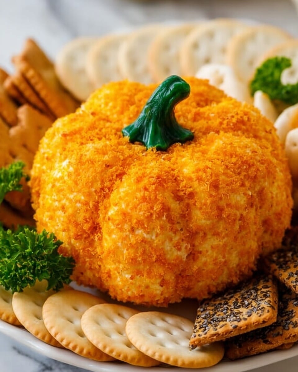 A round orange cheese ball shaped like a pumpkin sits in the center, covered with a crumbly orange coating and topped with a green stem. A woman's hand is using a small knife to cut into the cheese ball, showing its creamy pale orange inside. Around the base of the pumpkin cheese ball, there are rectangular crackers with black sesame seeds, and some green herb leaves add a fresh touch. The whole dish is placed on a white marbled surface. photo taken with an iphone --ar 4:5 --v 7
