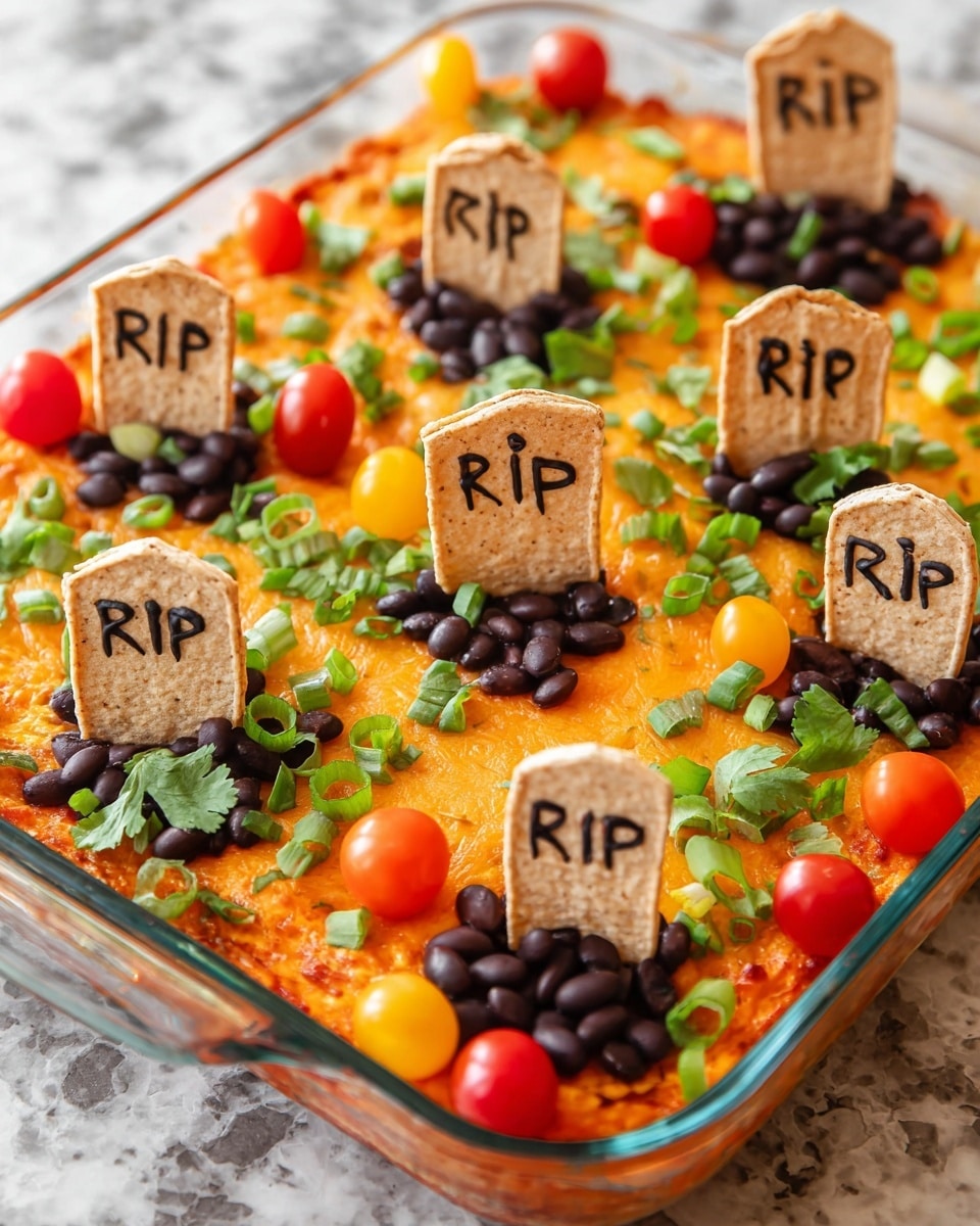 A dish in a clear glass baking tray has three visible layers, starting with an orange base layer with a soft, textured surface, likely a cheesy dip. The top is covered with green chopped spring onions scattered all over, along with black beans placed in small clusters. Small round cherry tomatoes in red and yellow add bright pops of color on top. Three tortilla pieces are inserted vertically around the tray, each shaped like a gravestone with white frosting writing that reads “RIP.” The dish is styled on a wooden table with a blurred white marbled texture in the background. Photo taken with an iphone --ar 4:5 --v 7