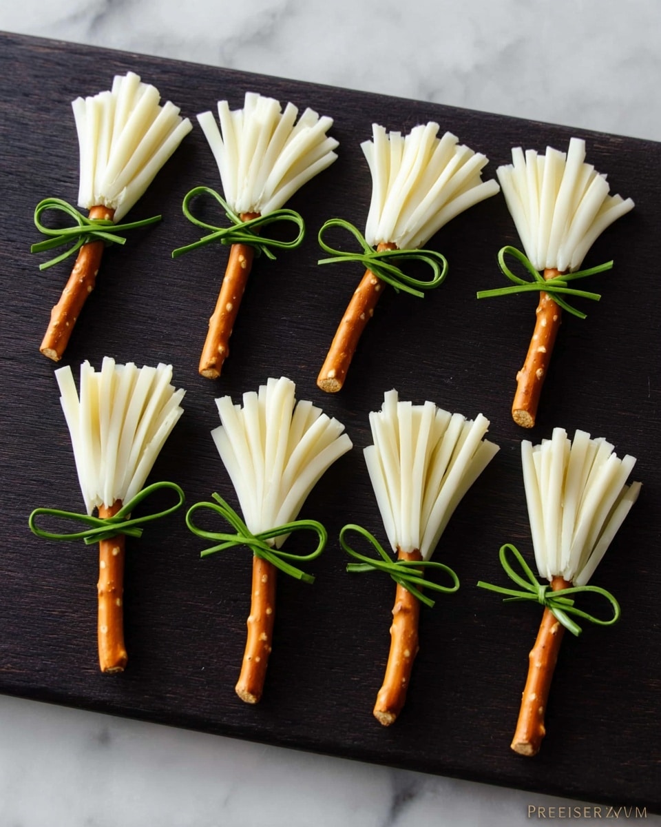 Several small broom-shaped snacks lay on a dark surface with a white marbled texture. Each snack has one thin, long pretzel stick as the broom handle, topped with strips of white cheese cut into thin, even layers to look like broom bristles. The cheese strips are tied together near the top with a green chive, making the bunches tight and neat. The cheese layers spread out at the ends, creating a soft, fan-like shape that mimics broom bristles. Photo taken with an iphone --ar 4:5 --v 7