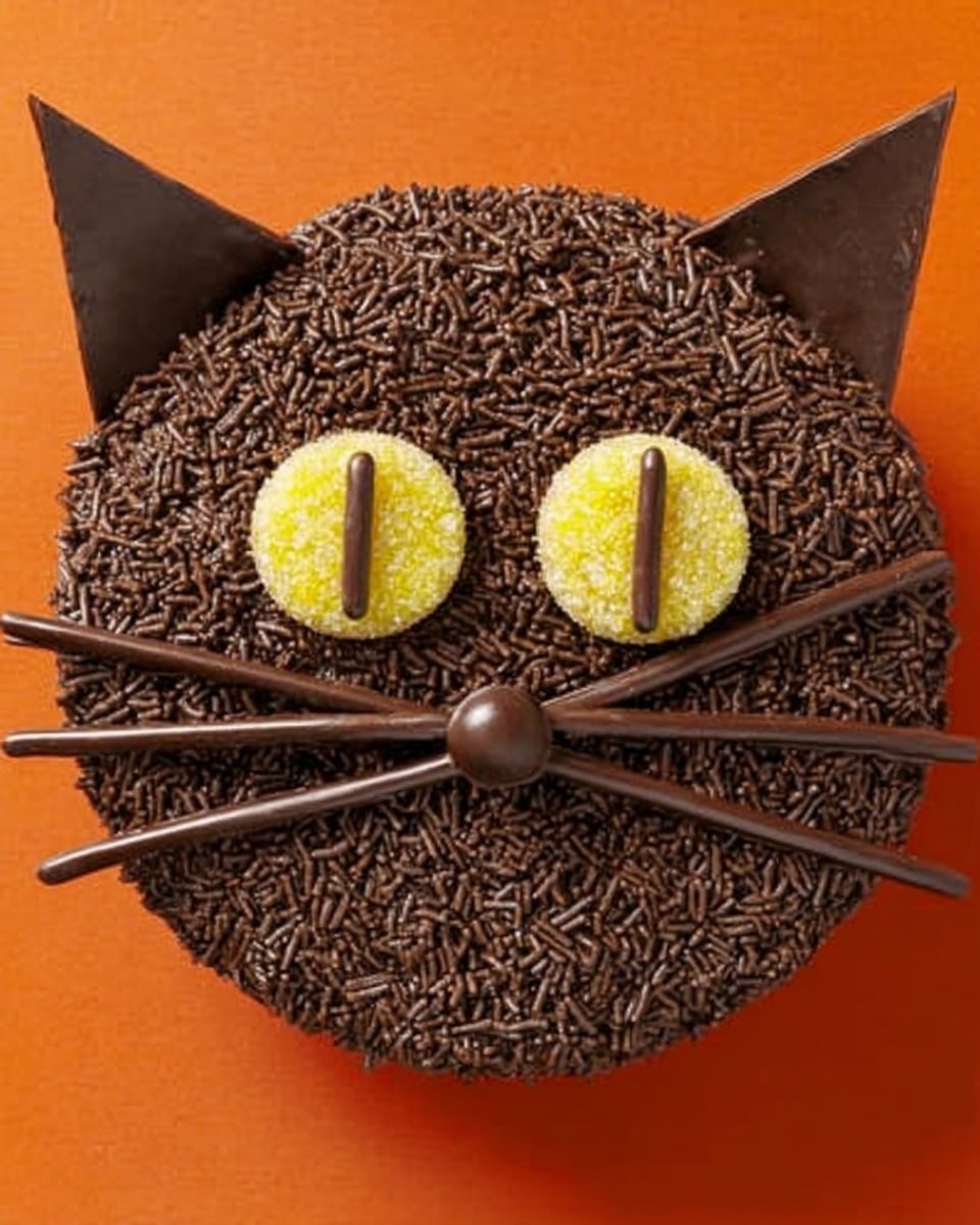 The image shows a round chocolate cake designed to look like a cat's face on a white marbled surface. The cake is covered with dark chocolate sprinkles giving it a rough texture. Two large yellow candy slices with small chocolate sticks in the center form the eyes and sit on top. Two triangular pieces of dark chocolate stand upright on the back for the ears. A round, smooth chocolate candy is placed in the middle as the nose. Thin black licorice sticks extend from the nose outward on both sides, creating the whiskers. Photo taken with an iphone --ar 4:5 --v 7