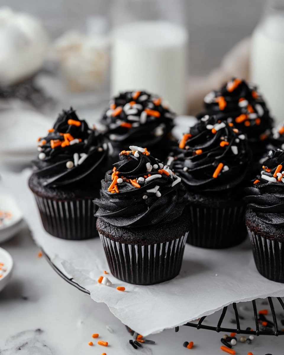 The image shows six dark black cupcakes with thick, swirled frosting on top, each decorated with small white, orange, and black sprinkles scattered over the frosting and around the cupcakes. They sit on crumpled white paper on a round wire rack, placed on a white marbled surface. In the blurred background, there are clear and white containers filled with white ingredients, adding contrast to the dark cupcakes. The overall look is neat with a hint of festive colors. Photo taken with an iphone --ar 4:5 --v 7