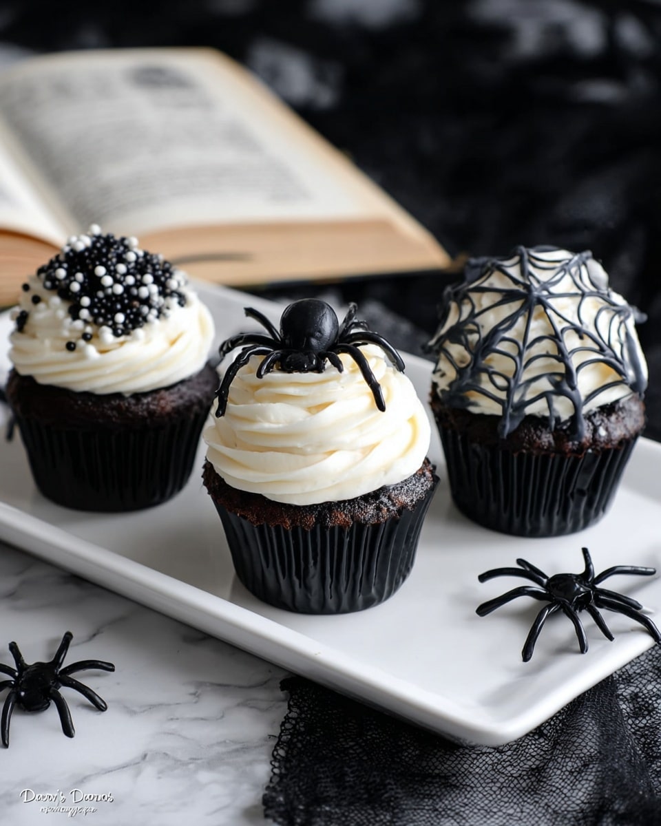 Three dark chocolate cupcakes sit side by side on a long white plate against a white marbled textured surface. Each cupcake has a swirl of white cream frosting on top. The two cupcakes on the sides are decorated with small shiny black beads and a small plastic black spider resting on the cream. The middle cupcake has a layer of thin, white web-like material covering the white cream frosting, with a small plastic black spider on top. The cupcake wrappers are black and ridged. In the blurred background, there is an open book with yellowed pages. photo taken with an iphone --ar 4:5 --v 7