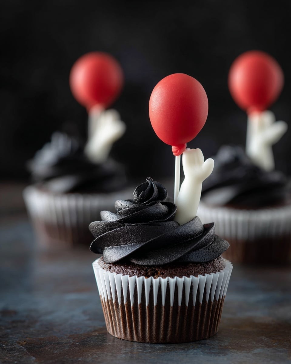 The image shows a cupcake with three main layers: the base is a dark brown cake in a black and white paper cup, the middle layer is a swirl of smooth, dark black frosting, and on top is a small white figure of two arms rising from the frosting, holding a bright red balloon on a white stick. The balloon is round and shiny, and the white arms have detailed fingers gripping the stick. The background is dark, making the cupcake stand out clearly. The cupcakes are placed in a row on a table with a reflective surface. Photo taken with an iphone --ar 4:5 --v 7