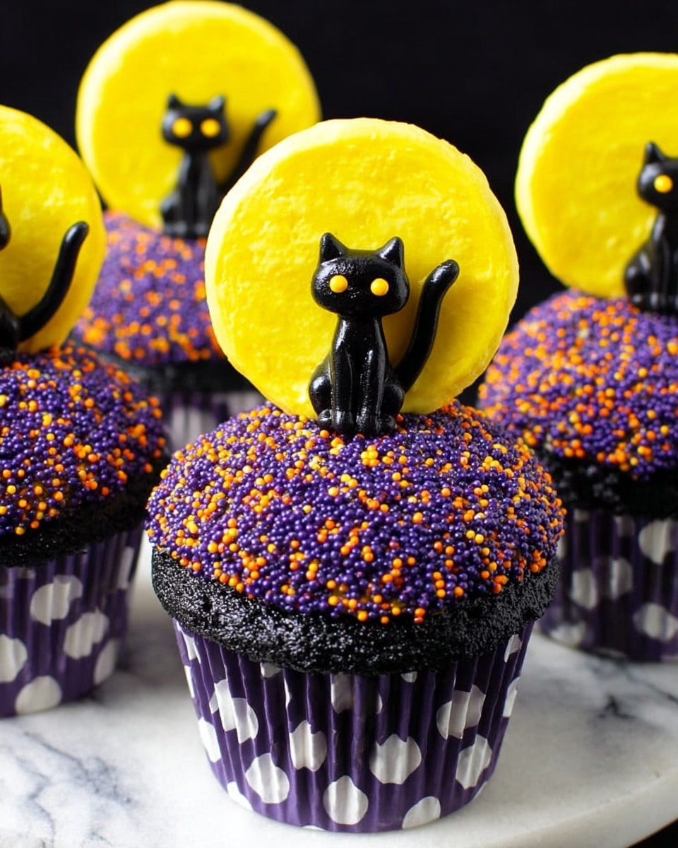 The image shows a cupcake with a black-and-white polka dot wrapper. The top layer of the cupcake is covered with dark purple and black sugar sprinkles that give a rough, glittery texture. On top of the sprinkle layer, there is a small black cat figure facing forward with its tail raised. Behind the cat, a large, round, bright yellow disk stands vertically, resembling a full moon. The background is a white marbled texture. photo taken with an iphone --ar 4:5 --v 7