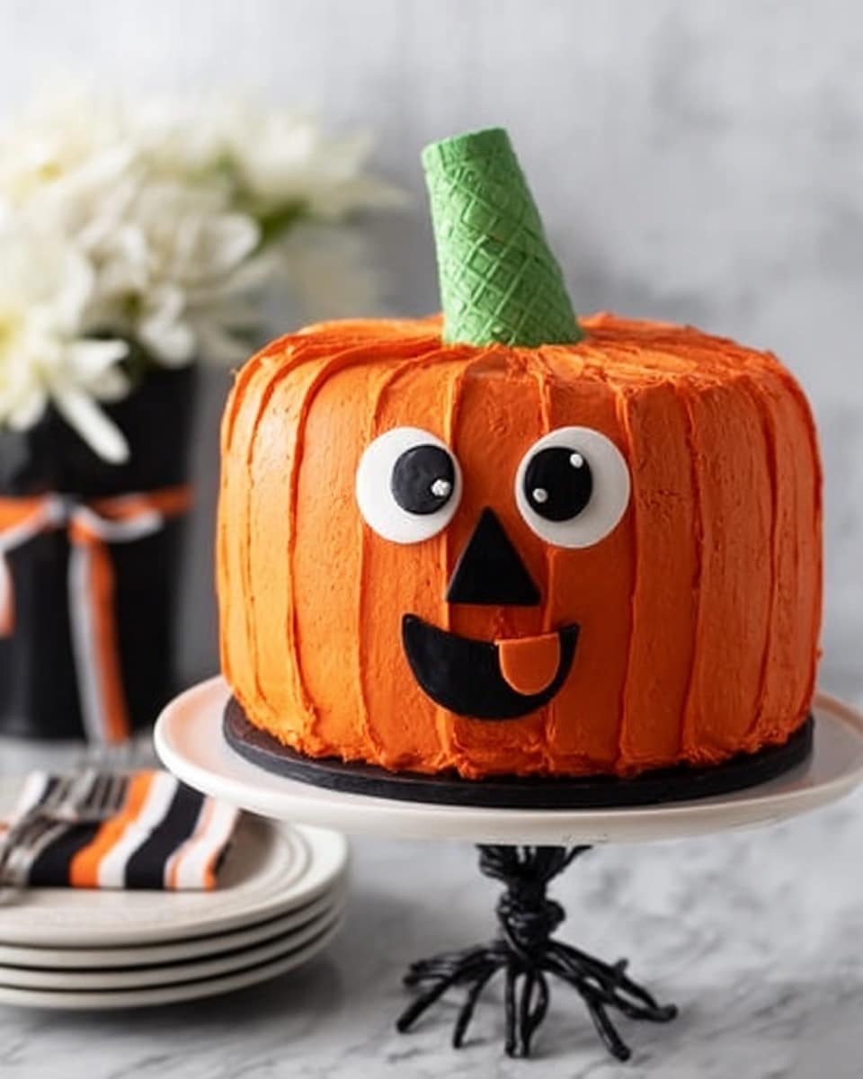 A round cake designed to look like a bright orange pumpkin with smooth, ridged frosting covering the whole surface. On top, there is a green ice cream cone placed upside down as the pumpkin's stem. The face of the pumpkin has large white and black eyes made from round shapes, a black triangle nose, and a black smiling mouth with a tongue sticking out. The cake sits on a white plate on a tall, black twisted stand, and the background is a white marbled surface with a stack of white plates and a small black jar tied with an orange and black plaid ribbon nearby. The photo taken with an iphone --ar 4:5 --v 7