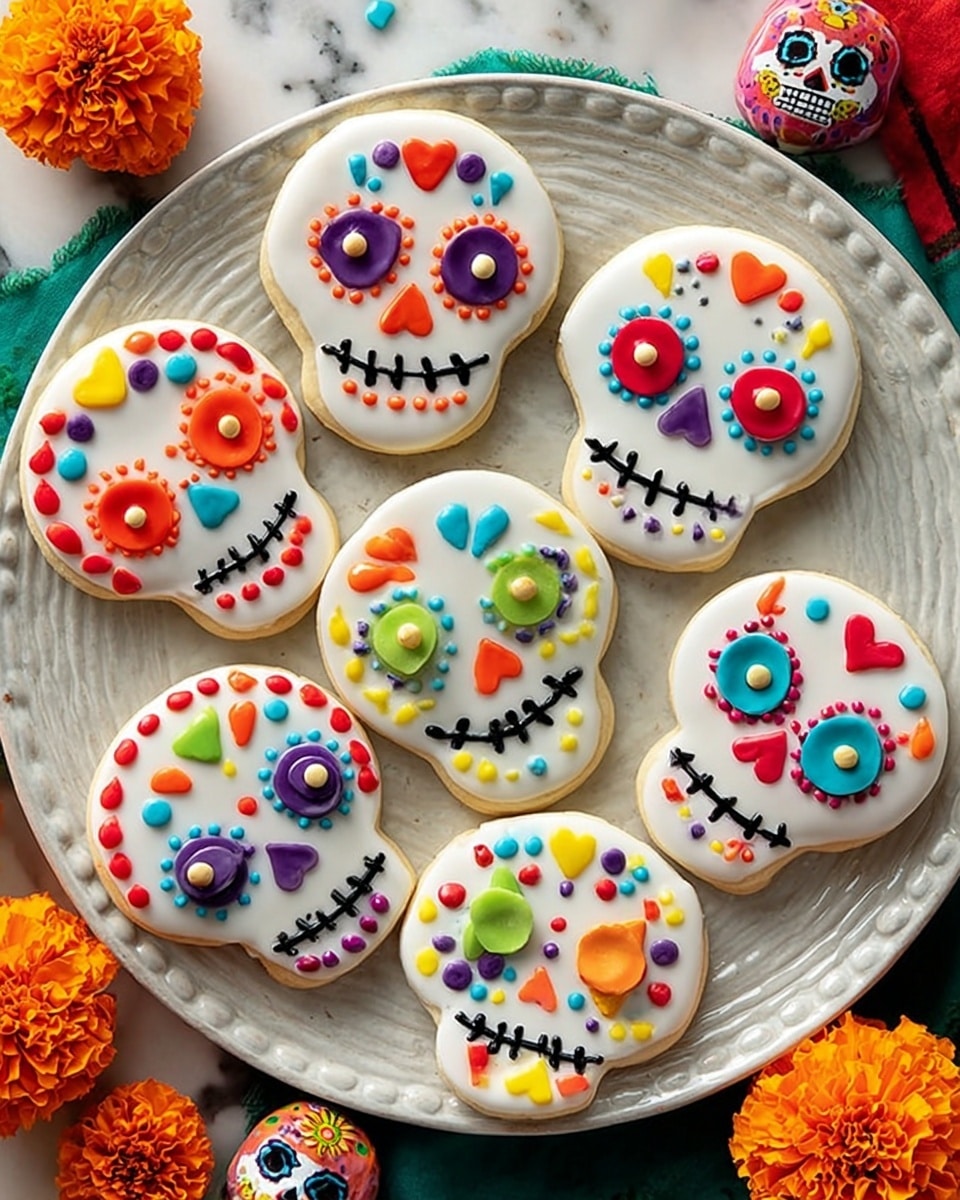 On a white plate, six skull-shaped cookies are arranged in a circle, each with a smooth white icing base that covers the whole cookie. Each skull has colorful candy decorations for eyes, noses, and mouth details; some eyes are made with green and pink heart-shaped candies, others have swirled peppermint candies in red and white. The mouths are outlined with small black icing lines and white candy teeth details. Around the skull edges and foreheads, small round and flower-shaped candies in bright colors like orange, blue, red, yellow, and purple create lively patterns. The plate sits on a white marbled surface with a red and green striped textile beneath it, and orange marigold flowers and a hand-painted white skull decoration are placed nearby. Photo taken with an iphone --ar 4:5 --v 7