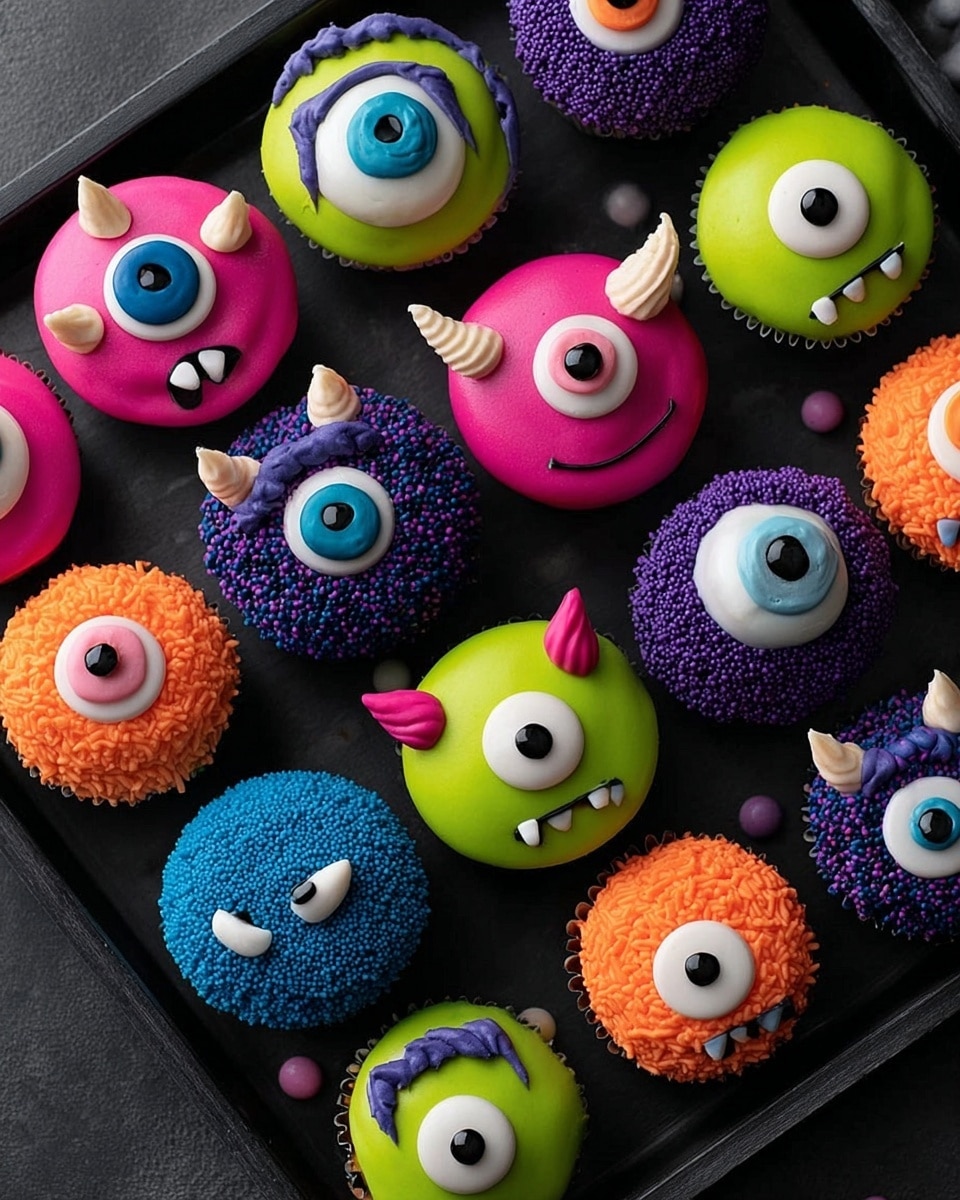A black tray holds ten colorful round cakes, each decorated like a monster face with one large eye in the center. The cakes have two parts: the eye area with a white semicircle and a colorful outer part with different textures and colors. From top left, a blue cake with a yellow horn, a big yellow and black eye; top right, a green cake with green sprinkles on edges, a blue eye; second row left, a pink cake with pink sprinkles, a green eye; next to it, a pink and white cake with black eyelashes and a yellow eye; next, an orange cake with orange frosting spikes, a green eye. Middle row shows a blue cake with small blue ears and three white eyes, black eyebrows, and a small blue nose. Bottom row left, a solid pink cake with two pink ears and three white eyes with black eyebrows; next, a purple cake with purple round sprinkles on edges and a big white eye; bottom middle, a yellow-green cake with tiny green ears, three white eyes, and black eyebrows; last on the right, a pink and white cake with blue decorative eyebrows and a yellow eye. The tray is on a dark textured background. photo taken with an iphone --ar 4:5 --v 7