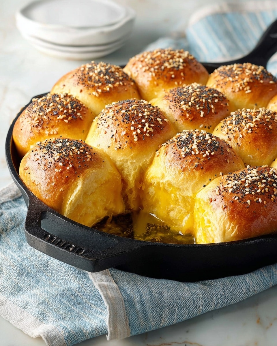 The image shows a black cast iron skillet filled with twelve round, golden brown dinner rolls, arranged in three rows of four. The rolls have a shiny surface, sprinkled with white sesame seeds and black poppy seeds on top. One roll on the left side has been pulled away slightly, revealing a soft, yellow inside with a white melting butter pat on it. The skillet rests on a blue and white striped cloth on a white marbled textured surface. In the background, a wooden cutting board is partially visible. Photo taken with an iphone --ar 4:5 --v 7