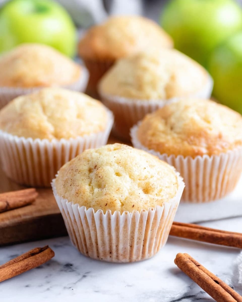 There are ten light golden muffins with a soft, slightly bumpy texture on top, each in white paper liners. They are placed on and around a wooden board on a white marbled surface. Near the muffins, there are three fresh green apples with smooth skins and three cinnamon sticks with a rich brown color. The scene looks bright and fresh, with natural light enhancing the colors and textures. Photo taken with an iphone --ar 4:5 --v 7