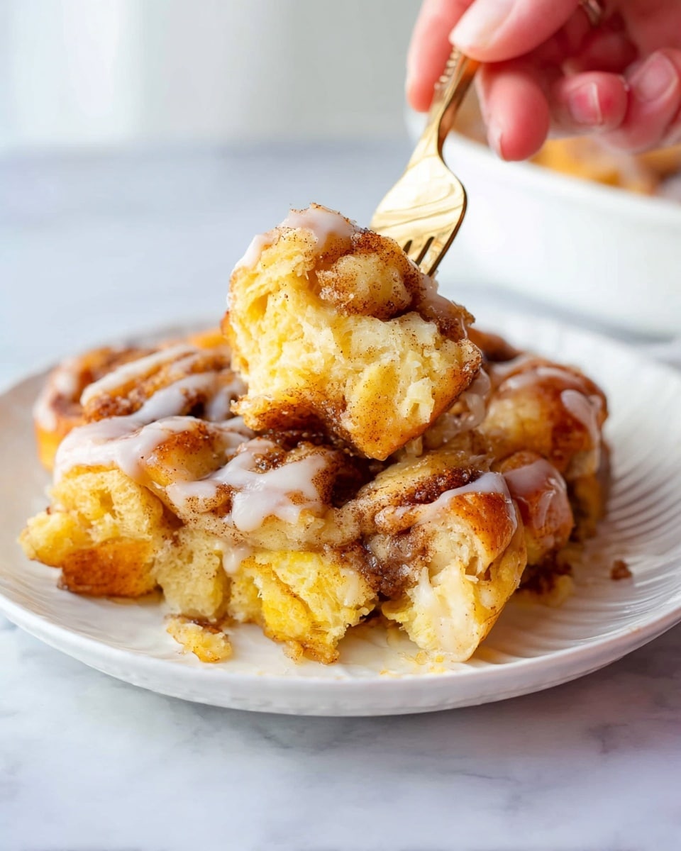 A close-up of a thick piece of cinnamon roll cake on a white plate, showing about three layers: the bottom layer is soft, light-yellow cake, the middle layer has cinnamon-spiced swirls with a darker brown color, and the top layer is golden brown and slightly crispy with a drizzle of white icing. A woman's hand is holding a fork lifting a fluffy, moist piece from the plate. The plate is on a white marbled surface with soft natural light. Photo taken with an iphone --ar 4:5 --v 7