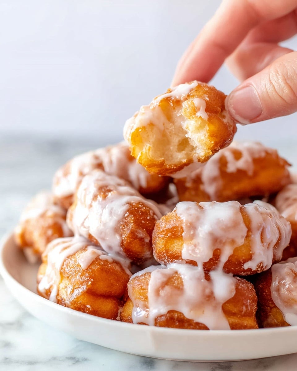 A white plate piled high with several golden-brown, square pieces of monkey bread, each piece coated in a shiny, white icing that drips slightly down the sides. The pieces have a soft texture with a visible cinnamon or spice coating, creating a warm, inviting look. On top, a woman's hand holds a silver fork piercing a piece, lifting it from the pile. In the background, there is a blurred white plate with more monkey bread pieces on a white marbled surface. The whole scene is bright and clean, focusing closely on the stack of the sticky, glazed treats photo taken with an iphone --ar 4:5 --v 7