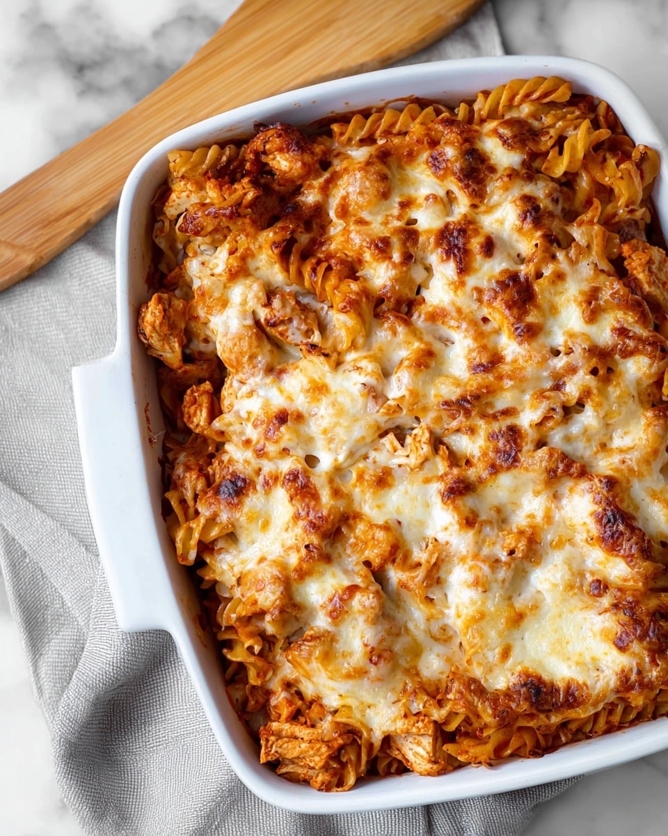 The image shows a close-up of a baked pasta casserole in a white rectangular baking dish. The top layer is golden-brown melted cheese with some darker browned spots and stretched cheese strings. Below the cheese, there is a visible layer of short, curly pasta mixed with chunks of meat and sauce, creating a textured look with orange and light brown tones. A wooden spatula rests on the top edge of the dish. The baking dish is placed on a light gray cloth napkin on a white marbled surface. Photo taken with an iphone --ar 4:5 --v 7