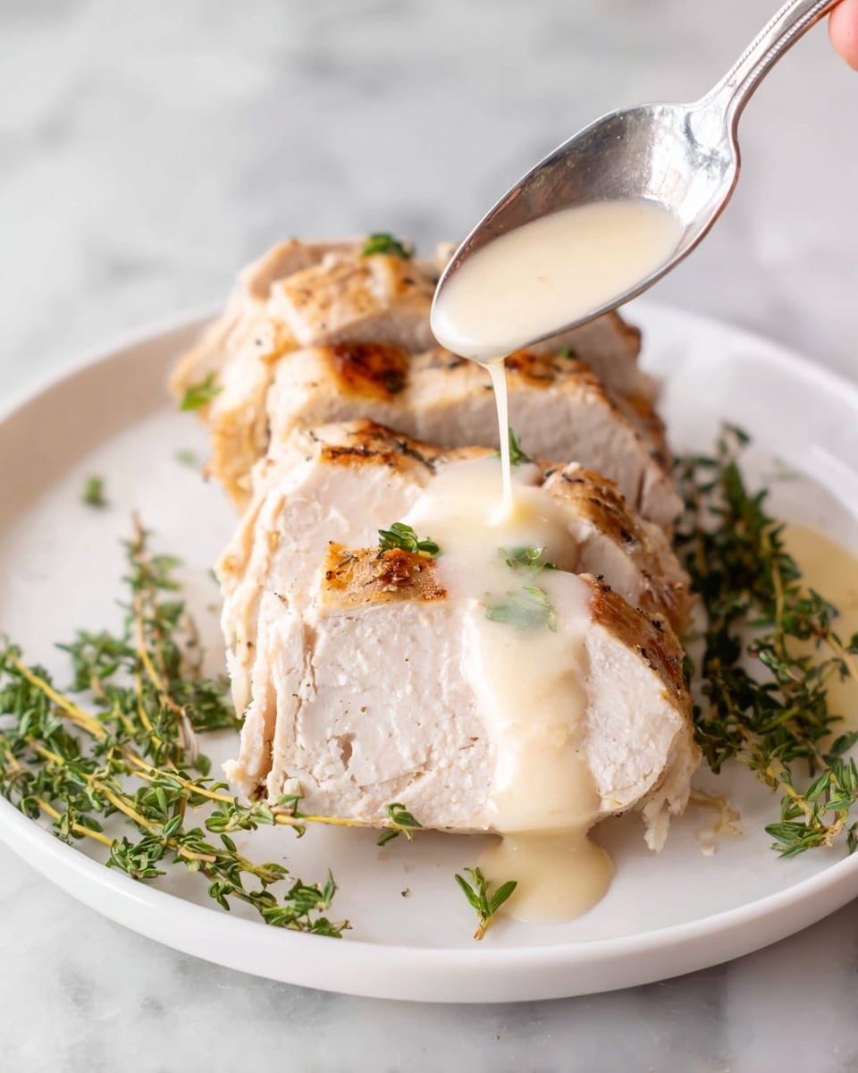 The image shows a white plate with four large pieces of cooked chicken arranged in a loose circle. The chicken is lightly browned with some parts showing a golden, crispy skin and the inside is tender and light beige. Small green herb sprigs, likely thyme or rosemary, are placed around the chicken for decoration. A woman's hand holding a spoon is pouring a creamy, light yellow sauce with a smooth texture over the chicken. The plate sits on a white marbled surface. photo taken with an iphone --ar 4:5 --v 7