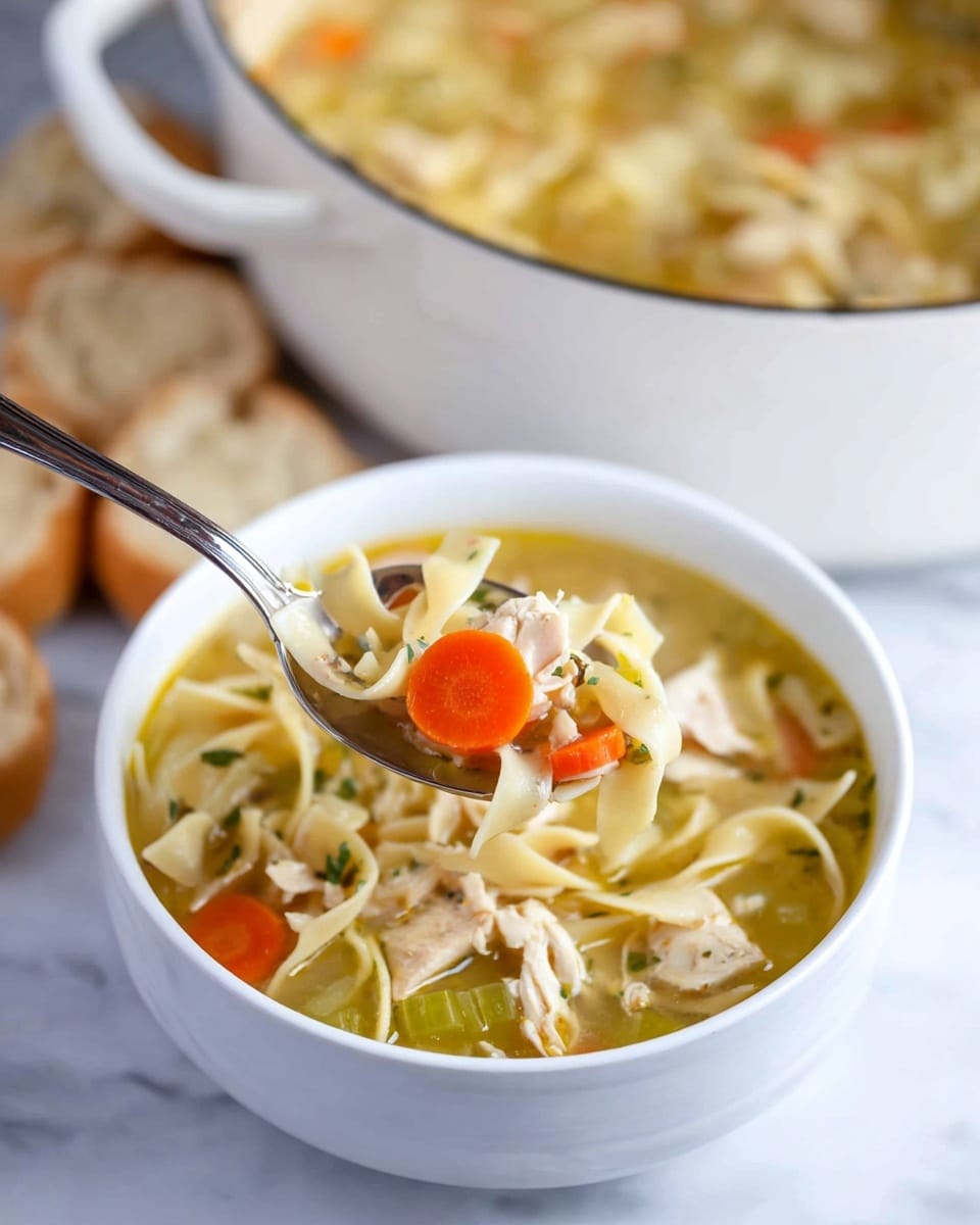 A white bowl filled with chicken noodle soup sits on a white marbled surface. The soup has clear broth with flat noodles, pieces of cooked chicken, sliced orange carrots, and pieces of celery. A silver spoon held by a woman's hand is lifting up a mix of noodles, a carrot slice, chicken, and celery from the bowl. Behind the bowl, there is a large white pot with more soup, and pieces of bread rest nearby. photo taken with an iphone --ar 4:5 --v 7