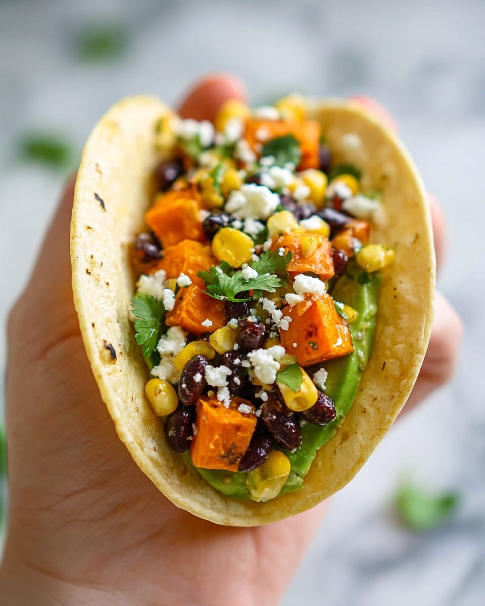 A close-up of a taco held in a woman's hand, featuring a soft, light yellow, slightly toasted tortilla shell forming the outer layer. Inside, the first layer is made of bright orange cubed sweet potatoes mixed with black beans and yellow corn kernels. Scattered over the filling is crumbled white cheese adding a soft texture contrast. There are small green cilantro leaves spread throughout the filling, and a whole bright green pepper runs along one side inside the taco. The background shows a soft blur with hints of white marbled texture. Photo taken with an iphone --ar 4:5 --v 7