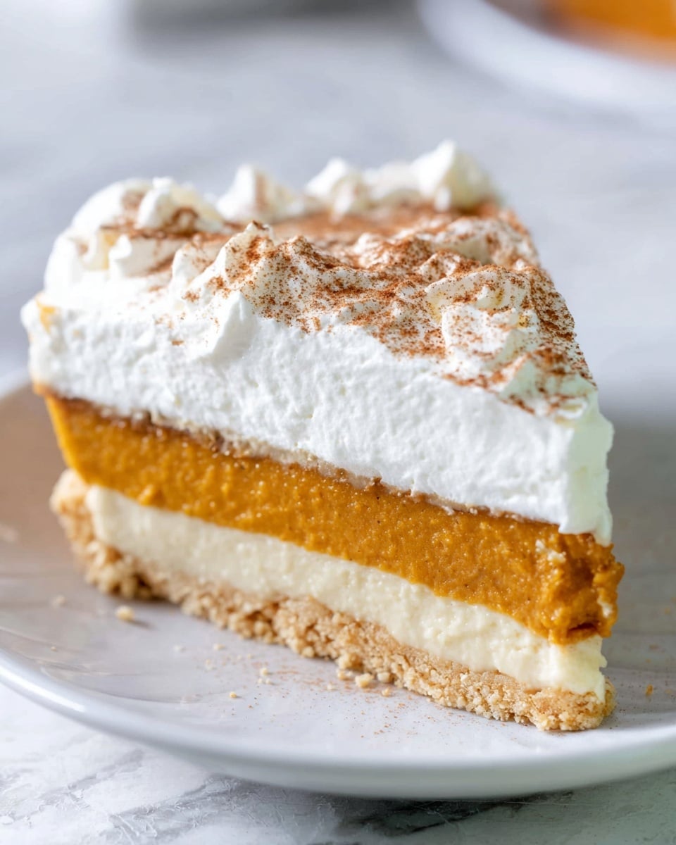 The image shows a pie with a golden-brown crust base in a silver foil pie pan, topped with a thick, smooth layer of light brown filling and covered by a generous layer of white whipped cream sprinkled with light brown cinnamon powder. Two slices of the pie are served on clean white plates, each slice showing the three clear layers: the crust, the light brown filling, and the whipped cream topping. The background is a white marbled surface with a folded blue checkered cloth near the pie pan and two shiny silver forks placed beside one of the plates. Photo taken with an iphone --ar 4:5 --v 7