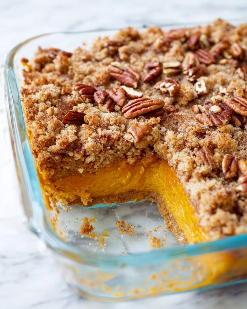The dish is a two-layered dessert in a clear glass square baking dish with a white marbled texture underneath. The bottom layer is thick, smooth, and orange-brown in color, while the top layer is crumbly with a mix of light brown crumbles and whole pecan pieces scattered on the surface. One portion is missing, showing the clean separation between the soft bottom layer and the textured crumb topping with pecans. Crumbs and pecans are scattered around the empty space, adding a rustic feel to the presentation. Photo taken with an iphone --ar 4:5 --v 7