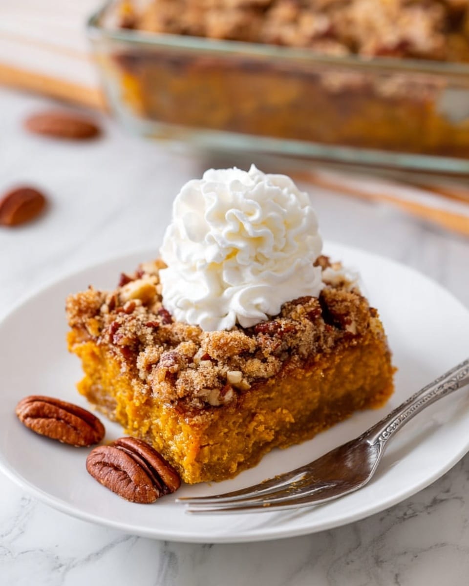 A square piece of dessert with three layers sits on a white plate over a white marbled surface: the bottom layer is dense and orange-colored, the middle layer is thin and slightly yellow, and the top layer is crumbly with small pieces of pecans mixed in, colored light brown with darker pecan bits. On top of the dessert sits a generous swirl of white whipped cream. Around the dessert on the plate, there are whole pecan nuts scattered. Photo taken with an iphone --ar 4:5 --v 7
