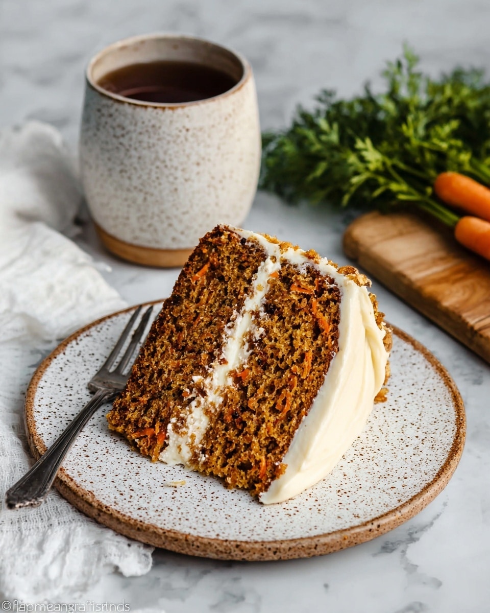 A slice of two-layer carrot cake sits on a white ceramic plate with a brown rim. The cake layers are light brown with visible bits of grated carrot and moist texture. Between the layers and on the right side of the slice is a thick, smooth cream cheese frosting in a pale off-white color. The plate is on a white marbled surface with a silver fork in the front left and fresh green carrot leaves to the right. To the left of the plate, there is a white speckled mug filled with dark tea, and behind the plate, a white ramekin with nuts is partially visible. The photo taken with an iphone --ar 4:5 --v 7