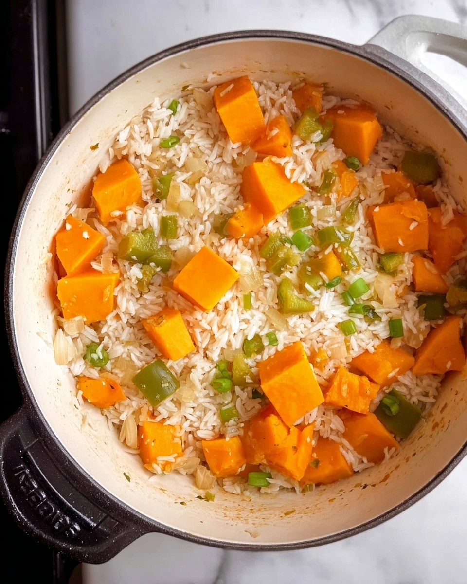 The image shows a cooking pot filled with a colorful mix of food. Bright orange chunks of cooked squash are scattered evenly throughout. White grains of rice fill the spaces between the squash pieces. Small pieces of green bell pepper and translucent chopped onions are mixed in all around, adding texture and color contrast. The pot has a light beige inside and a dark outer edge, and it sits on a shiny white stove top. The background has a white marbled texture. photo taken with an iphone --ar 4:5 --v 7