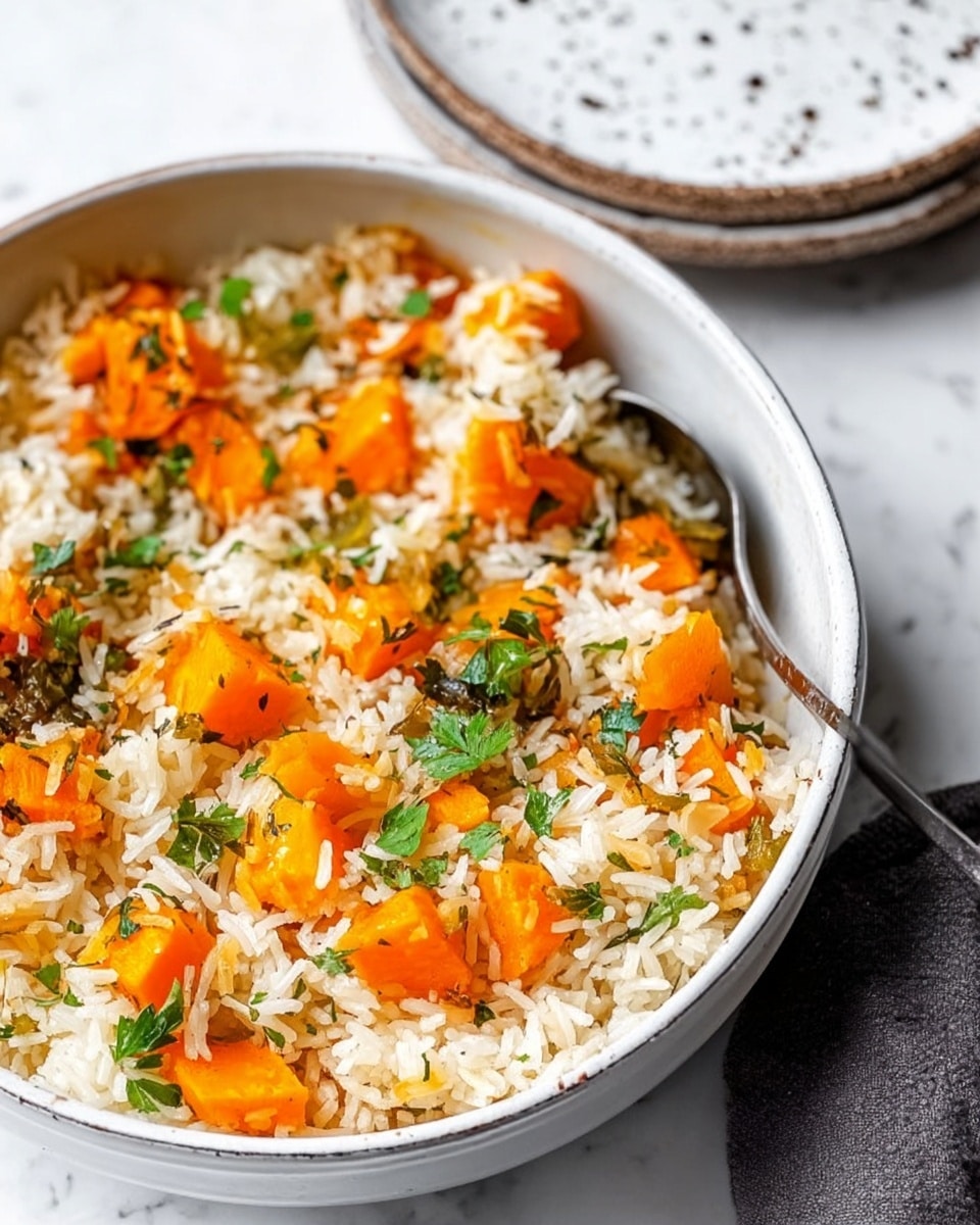 A close-up of a white pot filled with a cooked rice dish, featuring soft orange chunks of squash mixed evenly throughout the light, fluffy rice. Small pieces of green vegetables or herbs are scattered on top, adding a fresh touch. A silver spoon leans inside the pot from the left side, resting gently among the ingredients. The pot sits on a white marbled surface. photo taken with an iphone --ar 4:5 --v 7