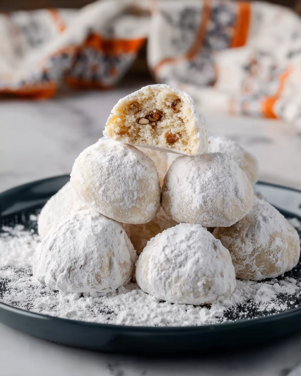 The image shows a small pile of round cookies covered in white powdered sugar, placed on a white plate with a simple design, which is on top of a larger white plate. One cookie is broken in half and positioned on top, revealing a crumbly, light brown inside with small nut pieces. The cookies have a soft, powdery texture outside and a dense, crunchy inside. The background surface is white marble with subtle grey veins, and a white and grey patterned cloth is visible in the blurred background. photo taken with an iphone --ar 4:5 --v 7
